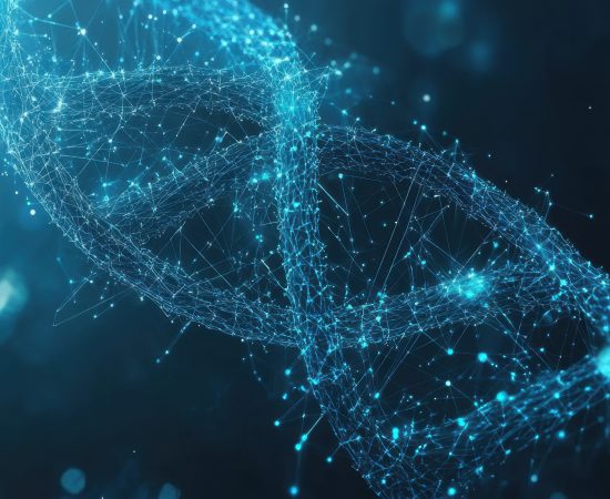 Blue background with a DNA double helix and digital network, a science or technology concept for medical research.