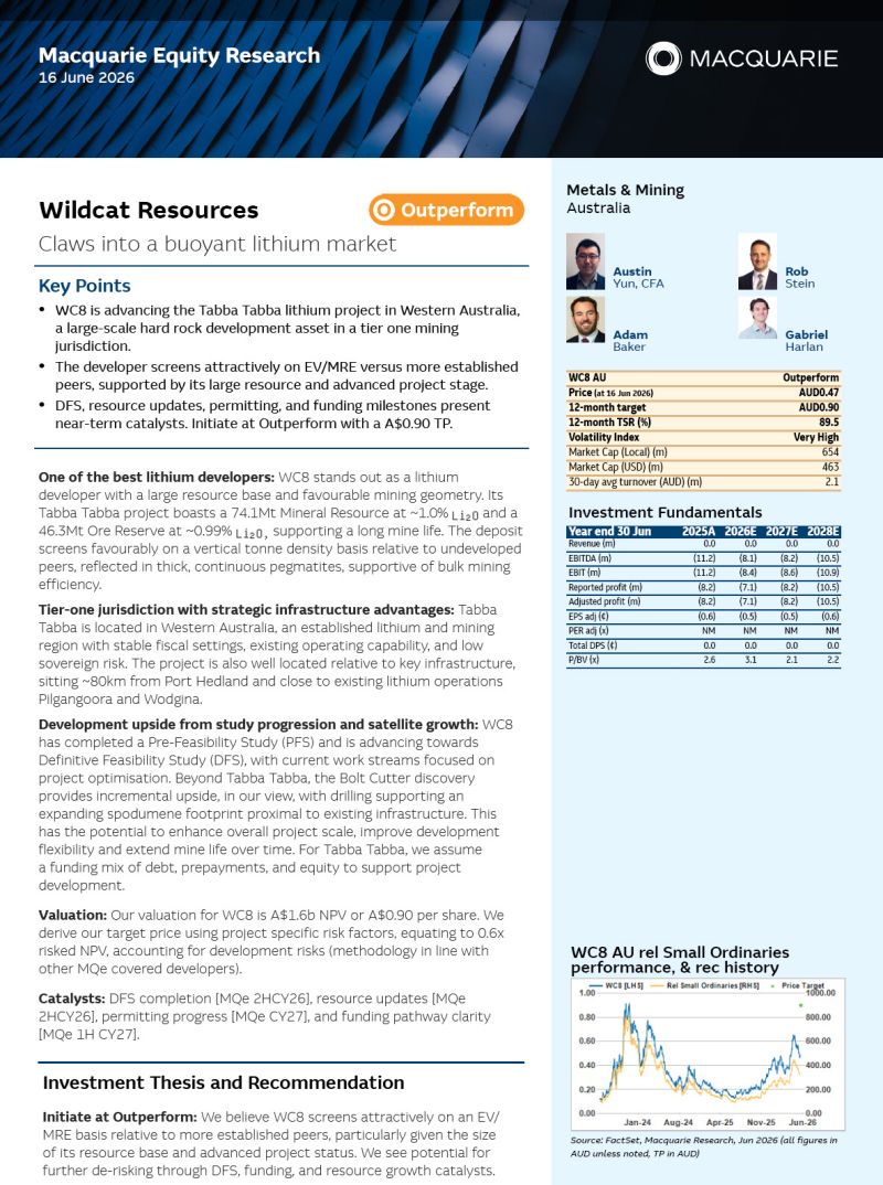 Image for the Tweet beginning: Macquarie initiated coverage on @WildcatRes_WC8
